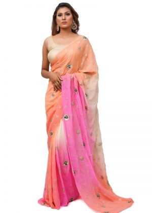 Pink Shaded Saree All Over Aari Work With Motives